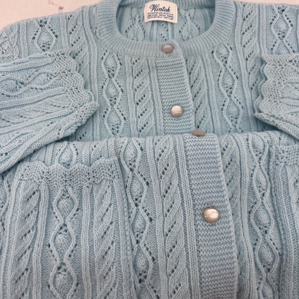 Vtg women's Sweater Sz Large Blue Orlon Acrylic Cable Knit Wintuk Cardigan‎ - Picture 8 of 8